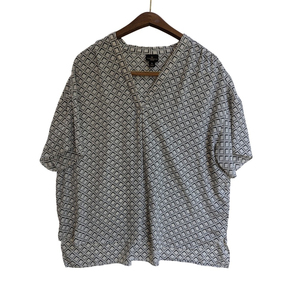 Worthington Petite Womens PL Black White Geometric V-Neck Short‎ Sleeve Blouse
